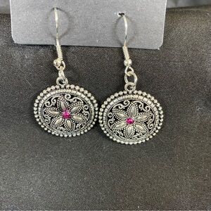 Silver Boho Floral Dangle Earrings with Pink Center Gem